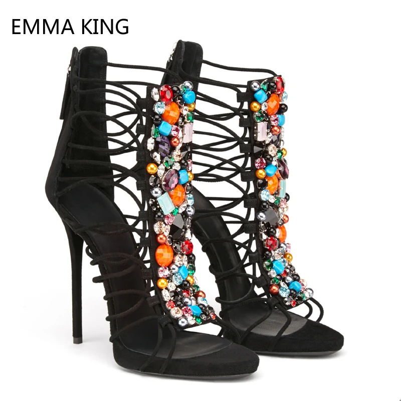 

Black Gladiator Peep Toe Sandals Boots Women Zip Straps Gemstone High Heels Female Rhinestone Decoration Summer Ladies Shoes