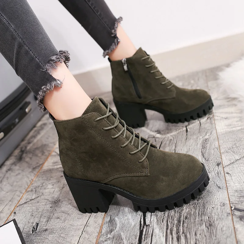 E TOY WORD Autumn women's boots Round Toe High Heels thick-soled boots Lace Up Fashion Women Winter Boots Shoes bota feminina