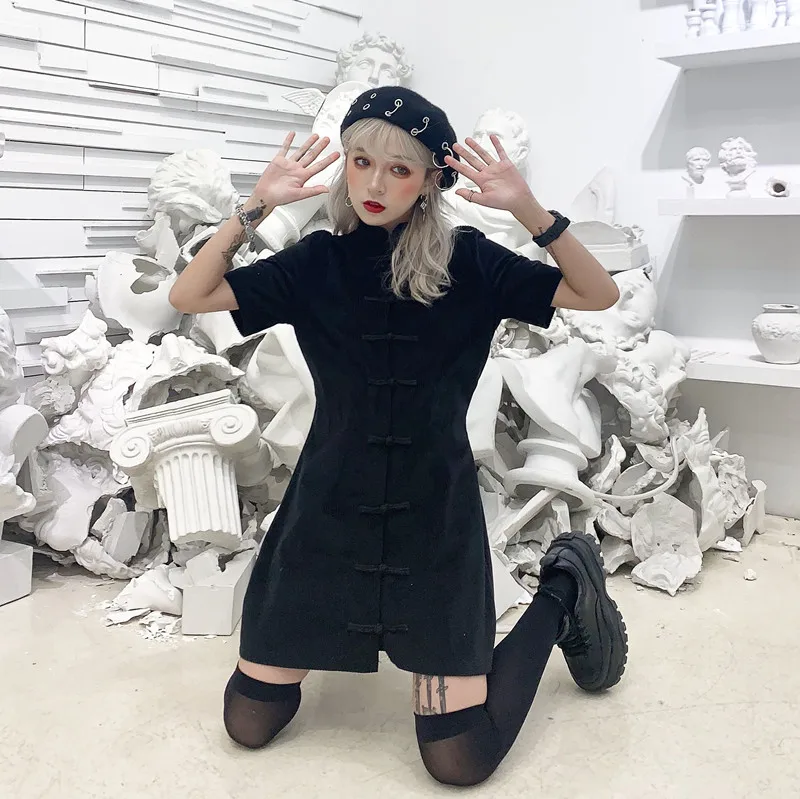 Китайский стиль темные платья для женщин Harajuku Вельветовая короткая рукав платье
