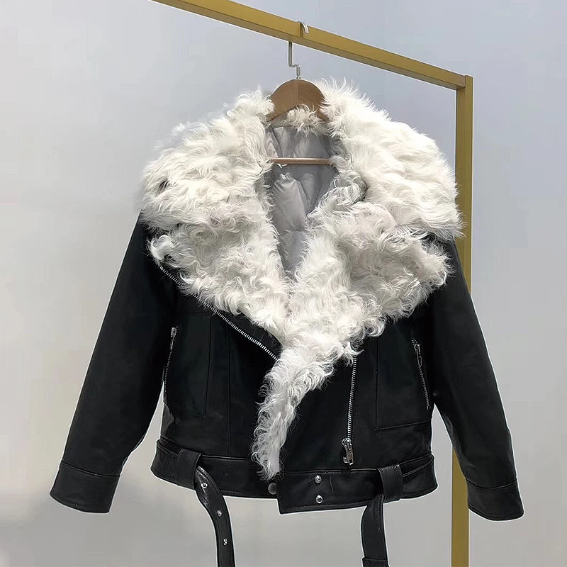 

Woman Sheepskin Leather Coats 2018 Winter Female Really Leather Down jacket for sheepskin Lambs fur Warm coat