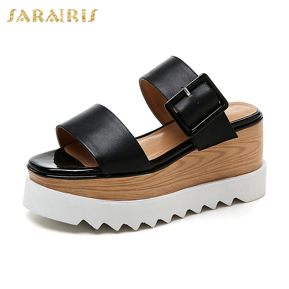 

Sarairis New Genuine Leather Shoes Belt Buckle Ladies Wedges High Heels Flat Platform Shoes Woman Casual Party Summer Slippers