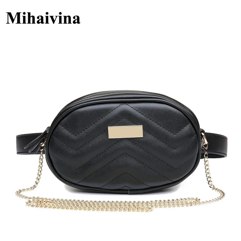 Mihaivina النساء الخصر حقيبة أزياء سيدة الجلد المدبوغ سلسلة حقائب كتف جلدية حزام الورك بوم الإناث حقيبة سفر أكياس فاني الخصر حزمة