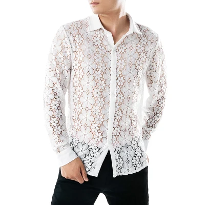 

Sexy See-through Lace Shirt Men 2018 Autumn New Slim Fit Long Sleeve Lace Shirt Men Nightclub Party Camisa Social Dress Shirts
