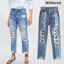 Увядшие Джинсы женские пустое отверстие прямые натуральные Джинсы бойфренда для женщин плюс размер 0611
