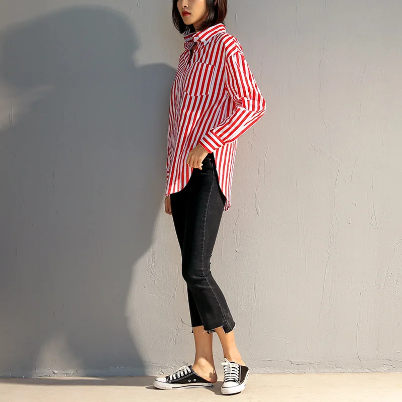 White And Red Vertical Striped Shirts Womens 2018 Casual Long