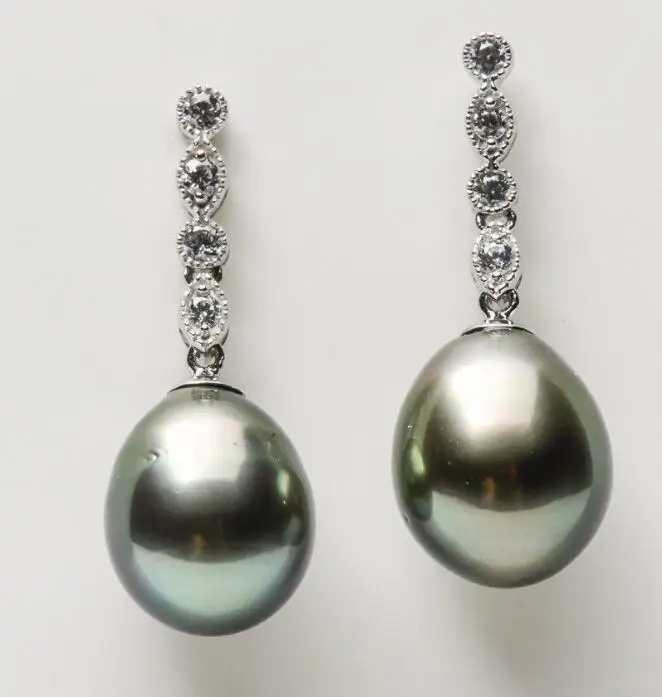 Free shipping 9.3 9.6mm Natural Green Real Tahitian Pearl Drop Earrings ...