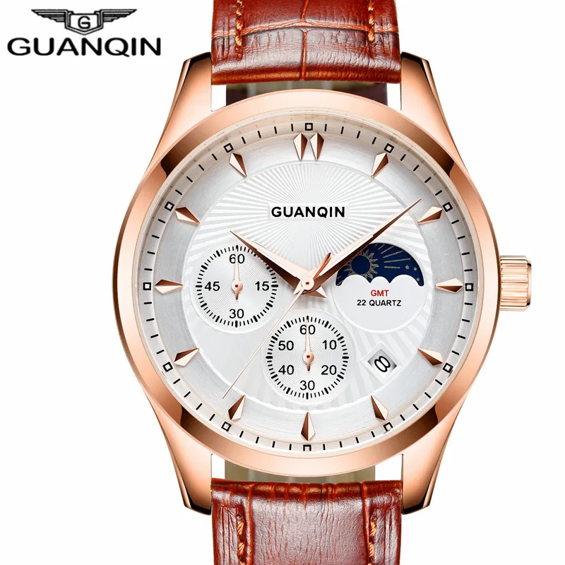 

Mens Watches Top Brand Luxury GUANQIN Men Fashion Moon Phase Luminous Wristwatch Sport Leather Quartz Watch relogio masculino