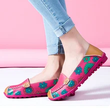 Shoes Women Loafers Moccasins Flower Flats-Print Slip-On-Ballet Genuine-Leather Fashion