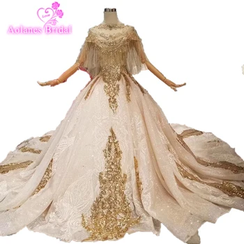 شراءشرابة فاخرة دبي بريق فساتين الزفاف س الرقبة طويلة الأكمام لامعة الدانتيل الزهور الذهب فستان الزفاف قطار طويل أحدث تصميم جديد
