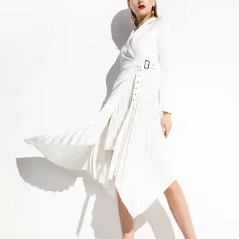 wreeima black Pleated Female Dresses For Women turn-down collar Long Sleeve Irregular Hem Knee-Length Dress Fashion Clothing