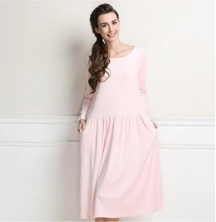 Elegant long nightgown women cotton bamboo fiber sleep full sleeve pure