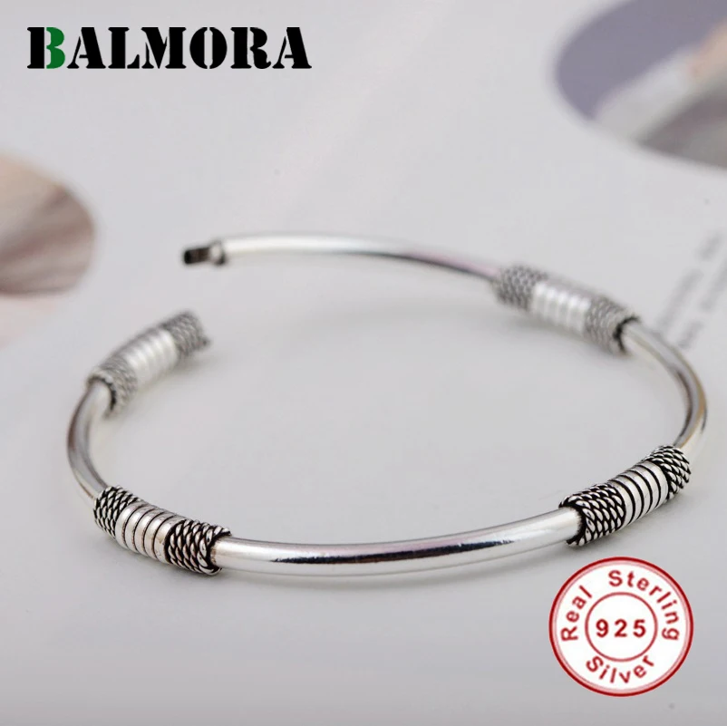 

BALMORA New Genuine 925 Sterling Silver Jewelry Simple Fashion Open Bangles for Women Men Party Anniversary Gift Bijoux SZ0443