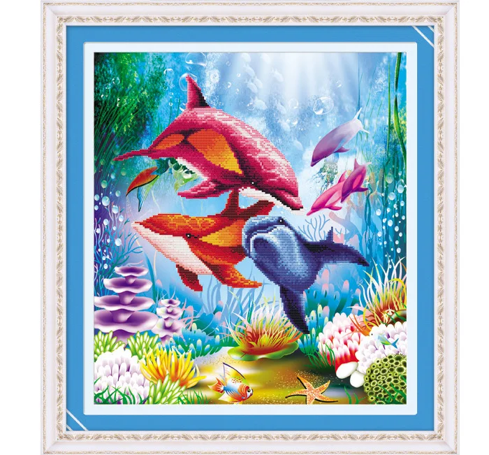 

53*48cm Needlework,DMC Sets for Embroidery kits,6D Cute Sea World Fish Dolphin animal scenic pattern cross stitch DIY Painting]