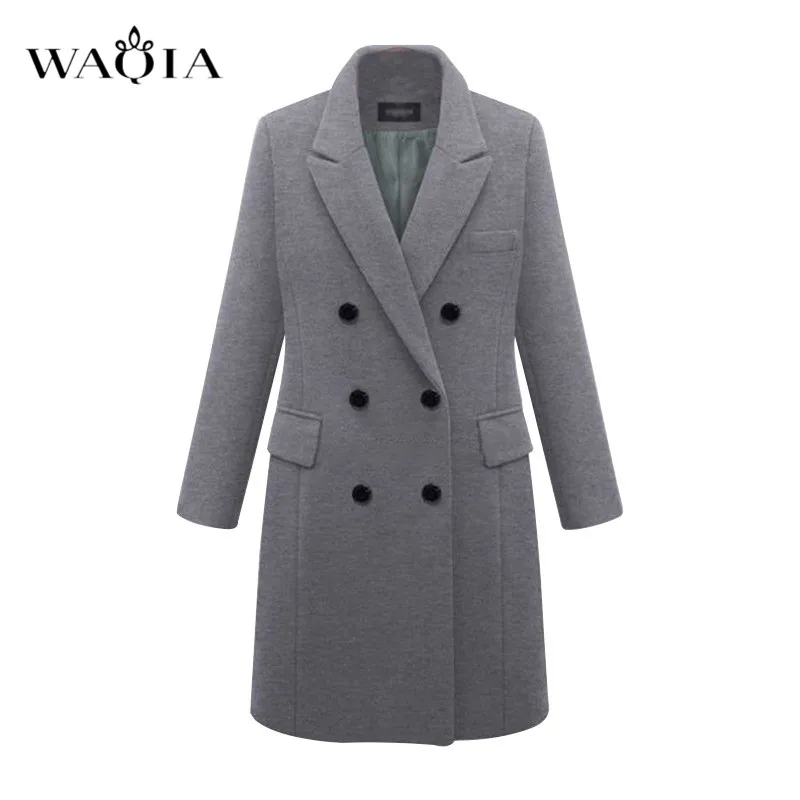 WAQIA осень зима Модные женские Пальто повседневные куртки с длинным рукавом блейзер верхняя одежда женское элегантное шерстяное двубортное пальто - Цвет: Серый
