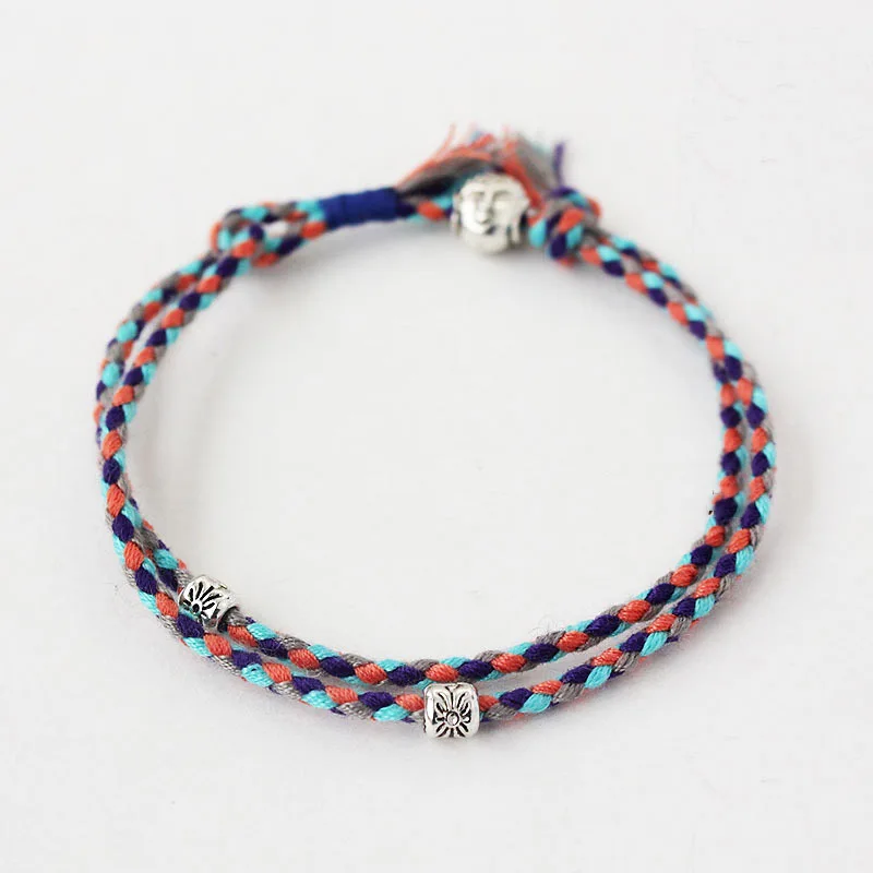 

Buddhism Braided Bracelet Lucky Rope Handmade Tibetan Silver Buddha Head Bracelet Double Layers Adjustable Mixed Color