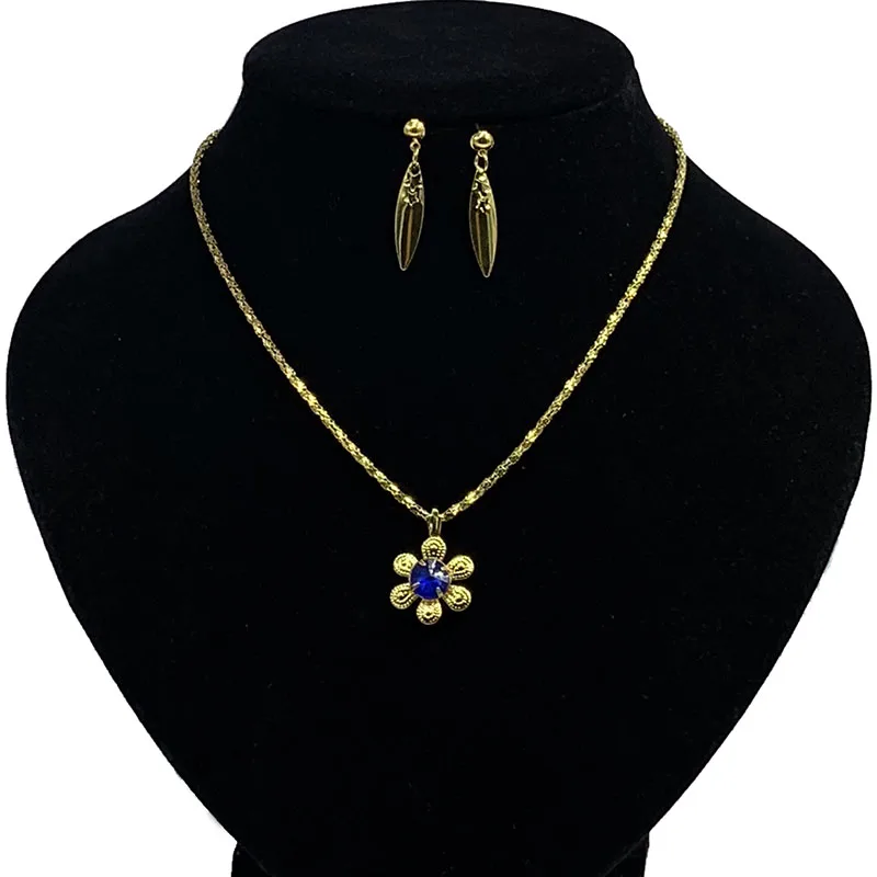 

C534 Flower Leaf Shape Pendant Necklaces Gold Color Chain Vintage Jewelry Set Necklace Earrings For Women Charm Jewelry