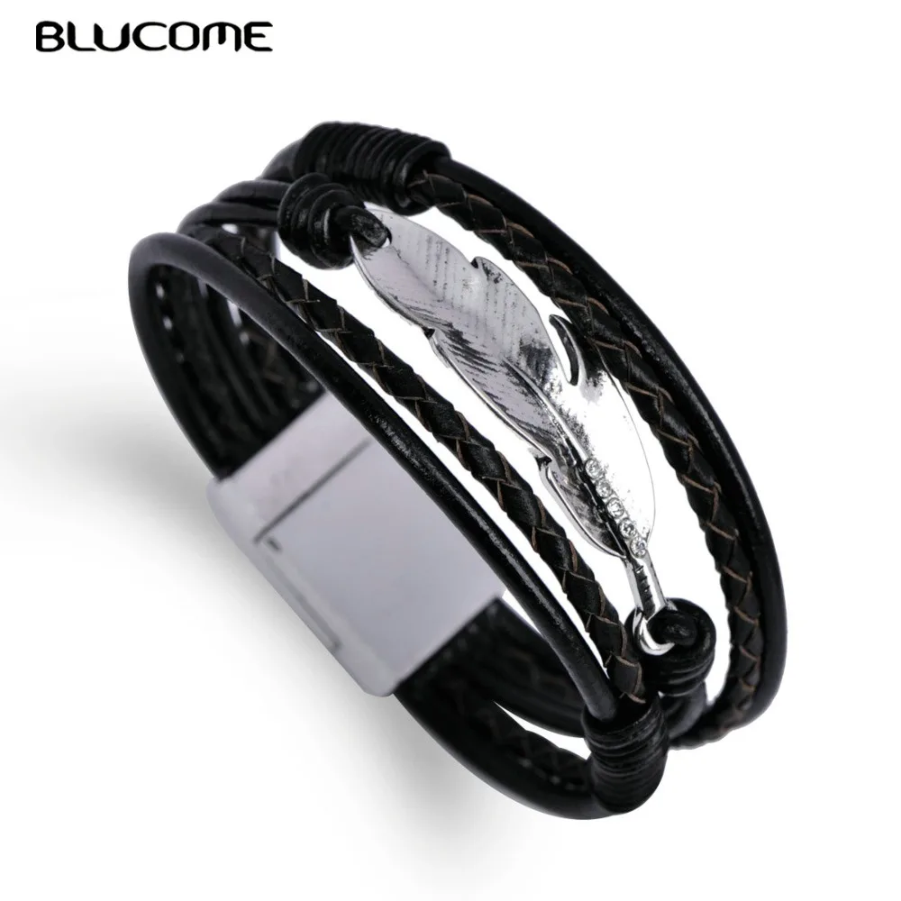 Горячая мода мульти Многослойный кожаный браслет завод кристалл лист ювелирные украшения для женщин и девочек мужские вечерние аксессуары Магнит пряжка подарок