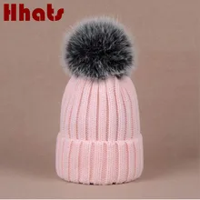 Натуральным лисьим мехом помпонами Женщины hat Мода из натуральной меховой помпон женская шапка одноцветное bobble knit шапка с помпонами top drop