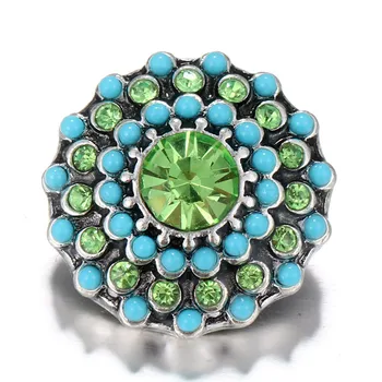 

KZ1509 New Beauty round green beads&rhinestone flowers metal 18mm snap buttons fit 18mm snap jewelry wholesale