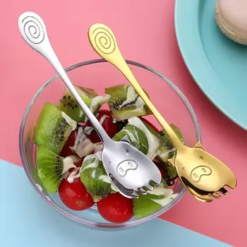 

Stainless steel cute pig spoon fork two in one Colorful Spoon Handle Spoons Flatware Ice Cream Drinking Tools Kitchen Gadget