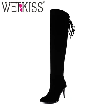 

WETKISS Over The Knee Women Boots Pointed Toe Flock Footwear Cross Tied Zip Rivet Ladies Boot High Heels Shoes Women 2018 Black