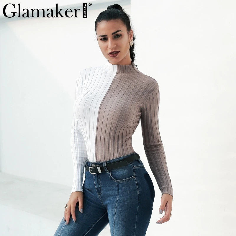 Glamaker Sexy white grey patchwork sweater shirt Women autumn winter turtle neck jumper sweater Party casual combine sweater top Sweaters