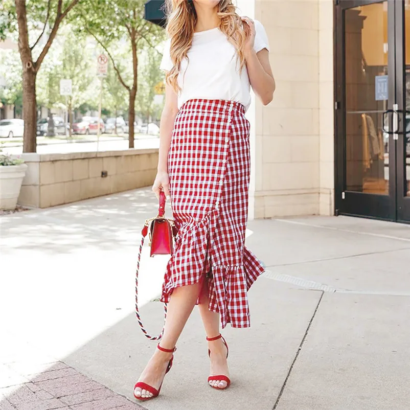 New Fashion 2018 Summer style skirts womens Plaid Casual Ruffled Button Party Slit High Waist Mid-Calf Skirt Femme Saia Y18#N (5)