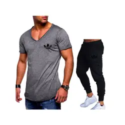 Новый классический для мужчин's Фитнес футболка с коротким рукавом костюм + брюки для девочек из двух частей мужчин's повседневное