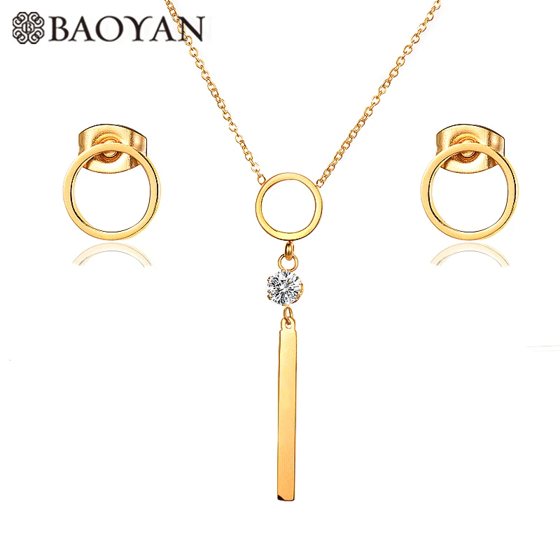 Baoyan Модные полые круглые циркониевые кулон ожерелье набор золотистый Серебристый с розой золотой цвет из нержавеющей стали комплект ювелирных изделий для девочек - Окраска металла: gold