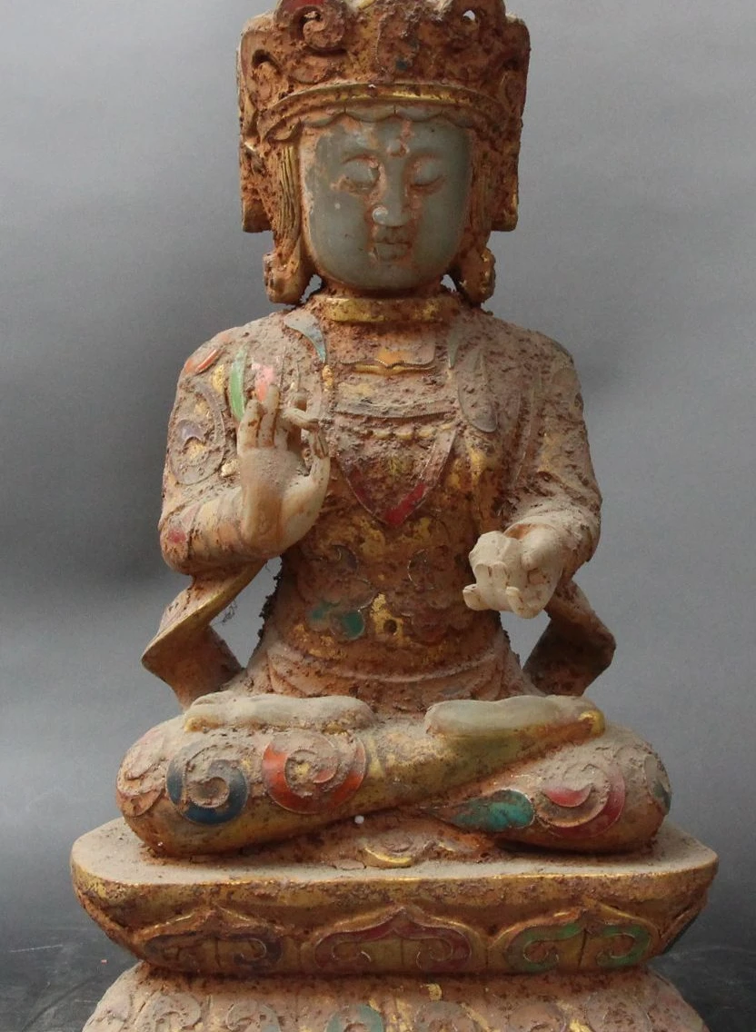 

12" Old Dynasty Natural Jade Painting Kwan-yin Guan Yin Goddess Buddha Statue