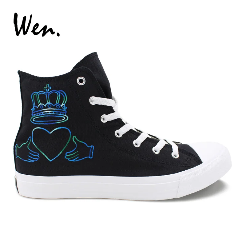 

Wen Hand Painted Shoes Design Crown Heart-shaped Simple Minds High Top Black Canvas Shoes Women Men Sneakers Skateboarding