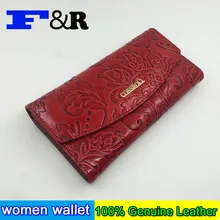 Embossing Flower Women Wallet Genuine Leather Female Purse Long Printing Floral Women Retro Leather Wallet Clutch Party Bag