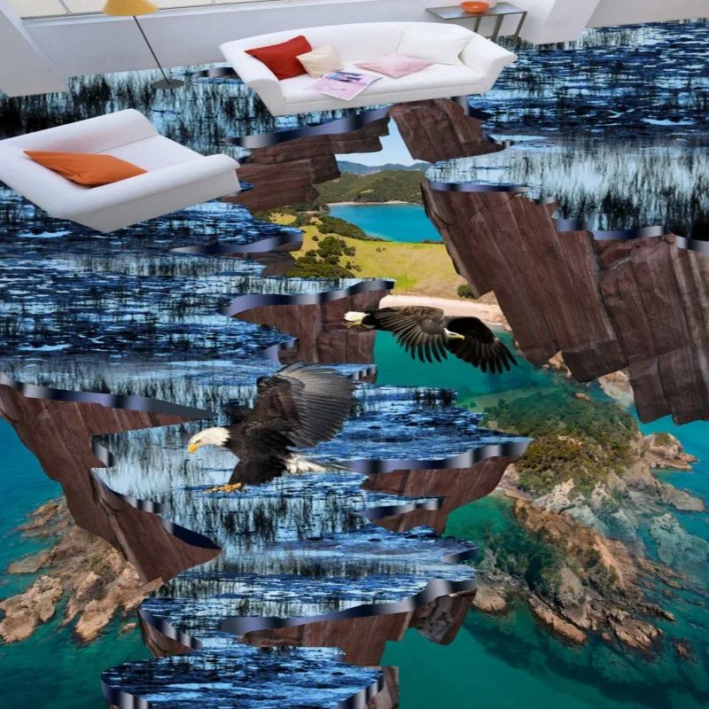 

Free Shipping custom Cliff island eagle 3D stereo flooring shopping mall corridor square living room wallpaper mural