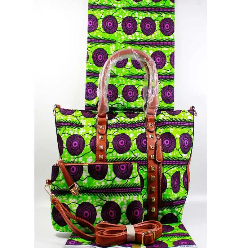 

Green Fashion african design women wax handbag matching 6 yard ankara wax cotton fabric,new arrival african wax bag 3 piece/set