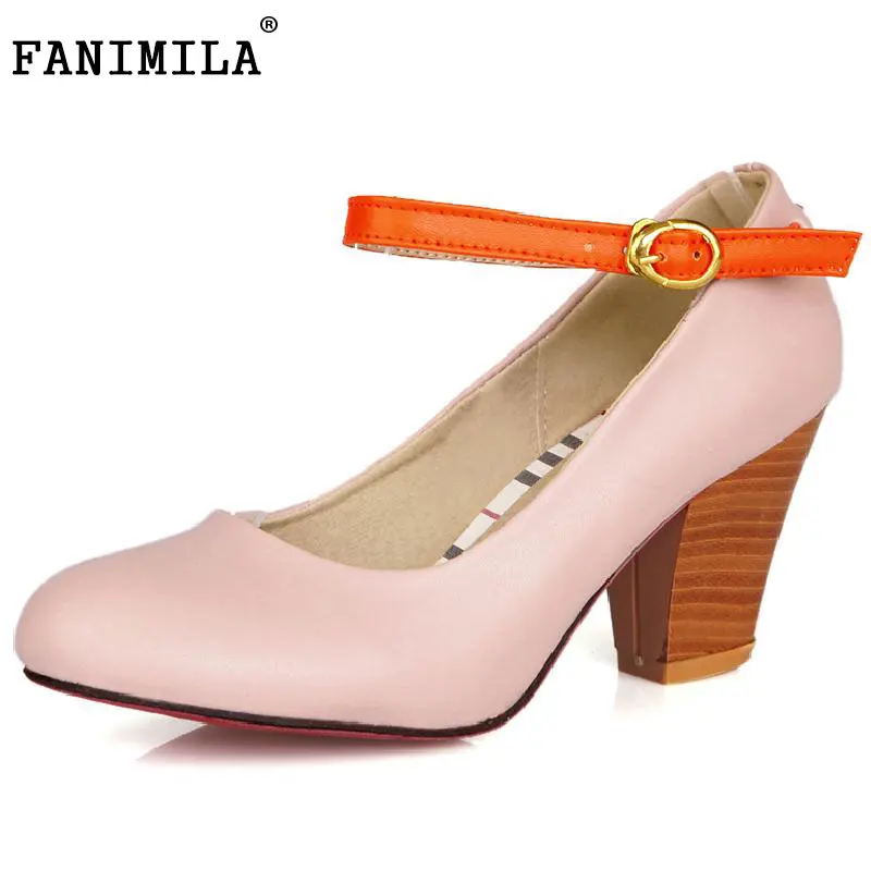 

New Brand Women Vintage Ankle Strap High Heels Slip-on Women Pumps Sexy Round Toe Ladies Casual Heeled Shoes Women Size 34-43