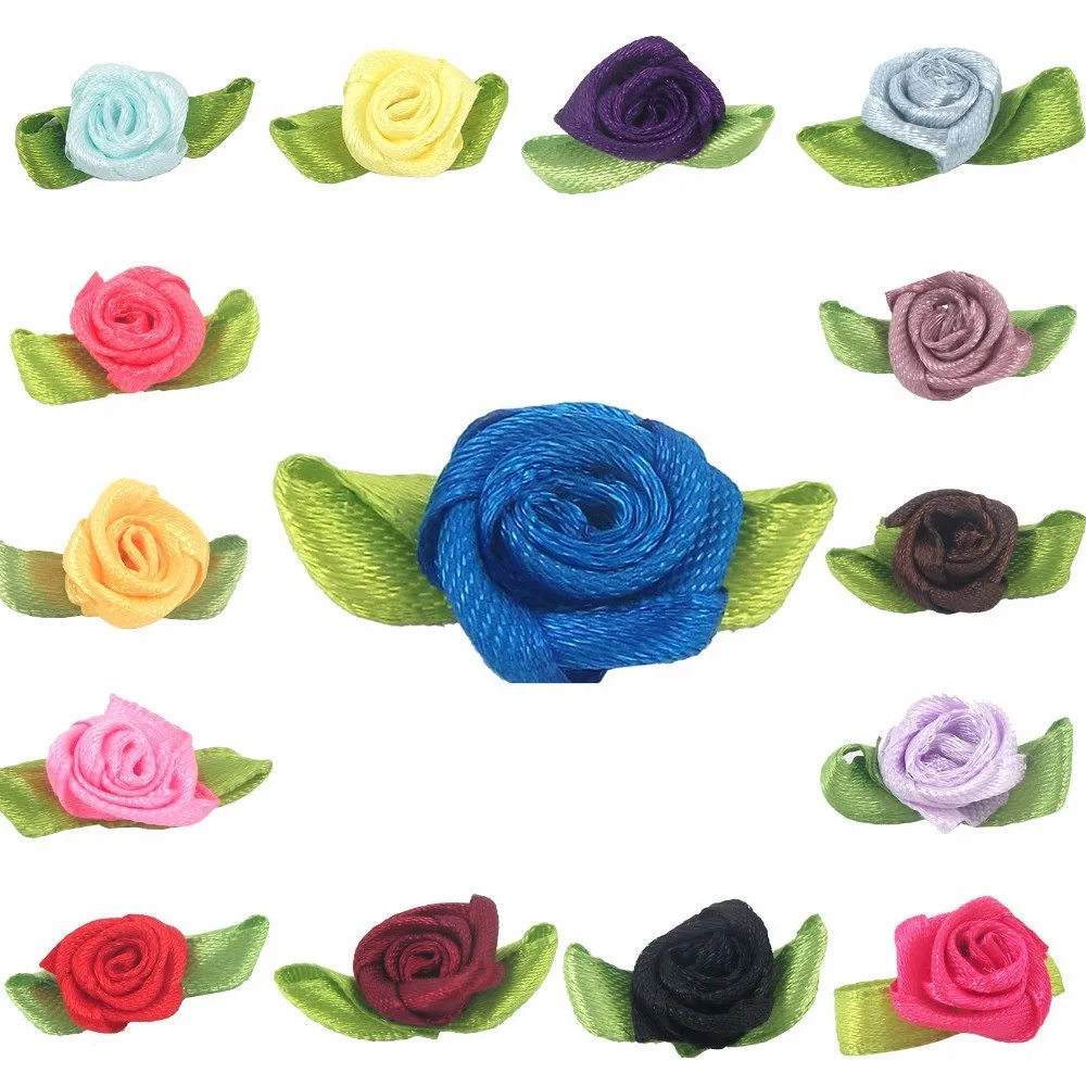 100-pcs-Satin-Ribbon-spring-Multicolor-Flower-with-leaf-Appliques-Sewing-Craft-Wedding-DIY