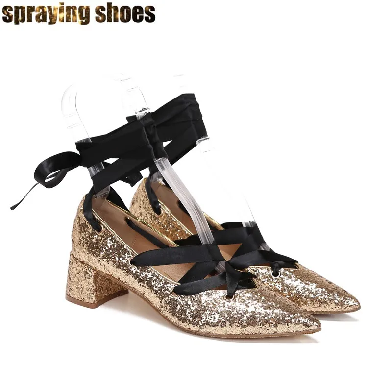 

Gold/Silver Sequins Heels Women Pointed Toe Strappy Pumps Chunky Heel Ballet High Heels