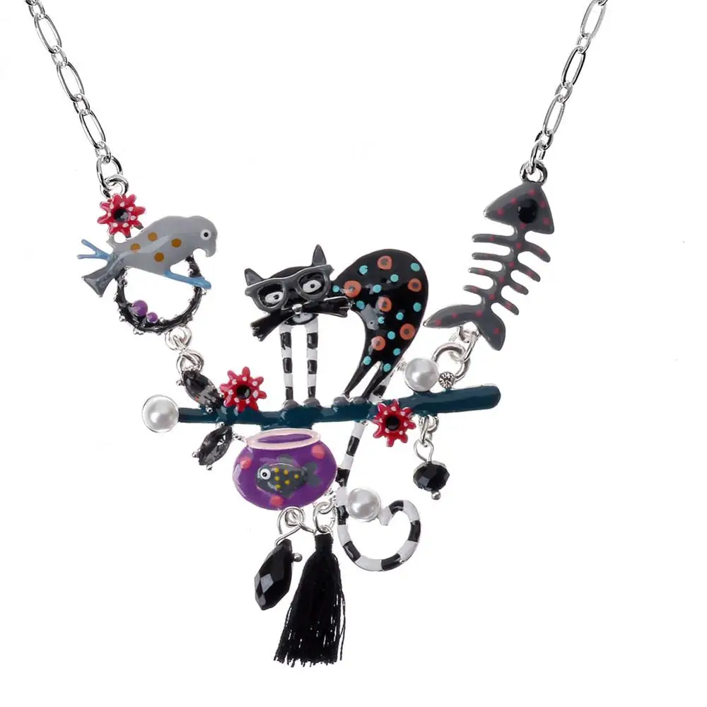 Красочное ожерелье с подвеской в виде кошки, эмаль, кисточка, рыба, кости, чокер, сплав, анималистичное Броское ожерелье для женщин, девочек, детские ювелирные изделия - Окраска металла: color1