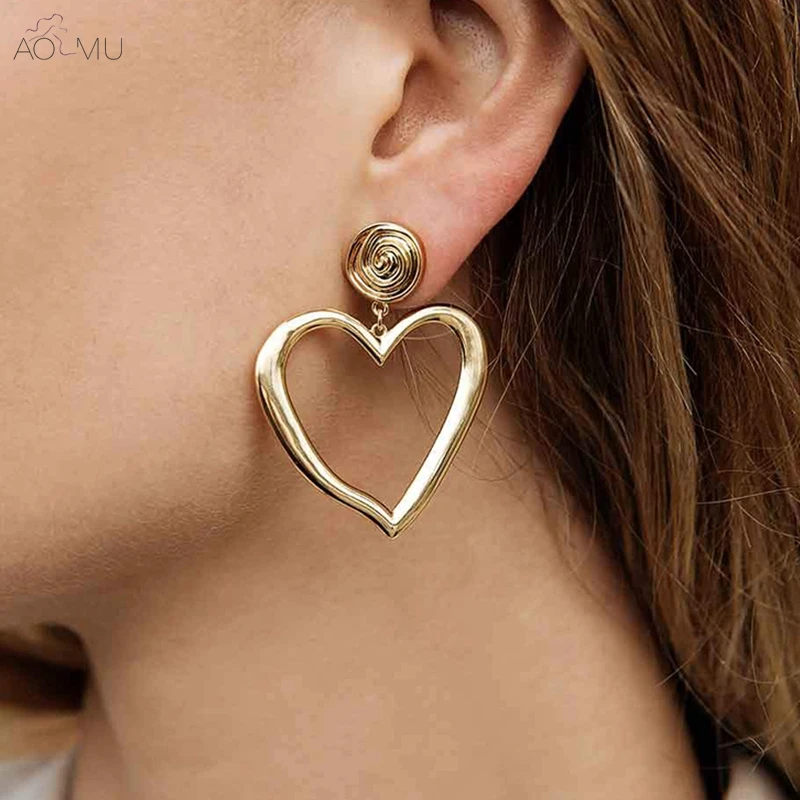 

AOMU Europe and America Golden Silver Metal Love Heart Hollow Big Dangle Drop Earrings for Women Girl Party Gift Jewelry Bijoux