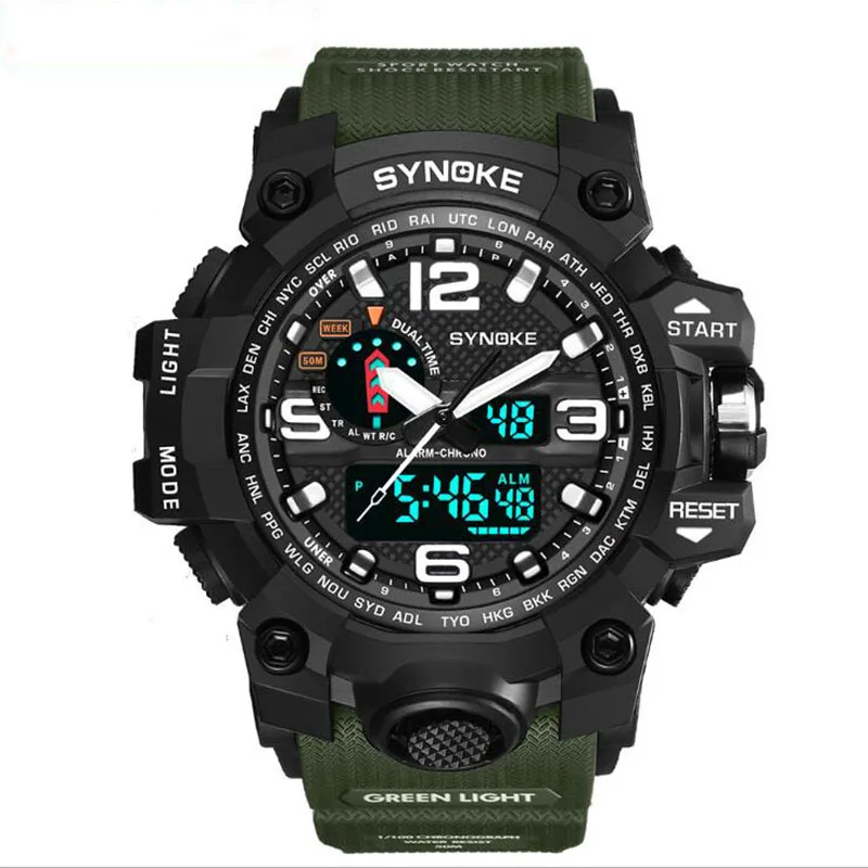 BIG BOSS Men's Watch New Brand Fashion Fitness Outdoor Mountaineering Dual Display Electronic Multifunction Waterproof Military - Цвет: Green