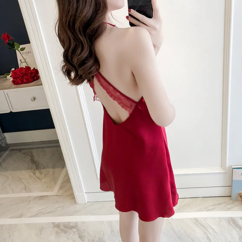 

Daeyard Fashion Silk Nightgown Women Sexy Lace Patchwork Backless Nightdress Summer Mini Dress Sleepshirt High Quality Sleepwear