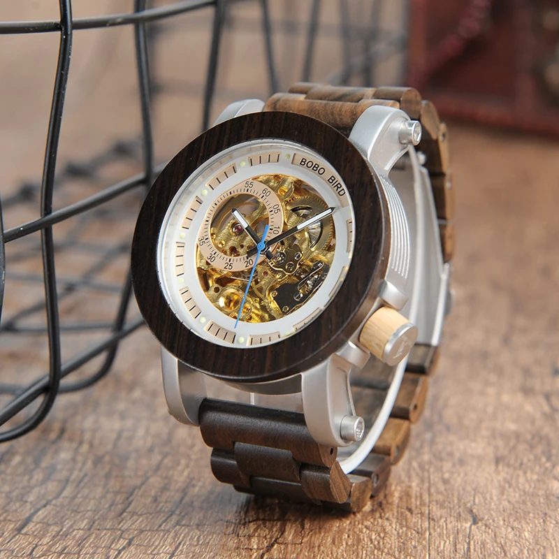 BOBO BIRD Мужские автоматические механические часы, классический стиль, Роскошные Аналоговые наручные часы, деревянные часы со стальным ремешком в подарочной деревянной коробке