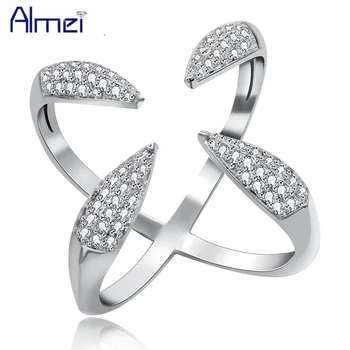 

Almei Fashion Cubic Zirconia X-Ring 4 Claws Free Size Open Rings Silver Color Comfort Fit Statement Ring for Women Y447