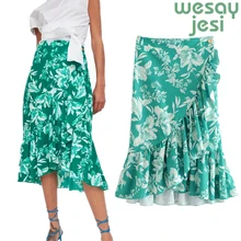 Винтажная юбка миди с цветочным принтом и длинными оборками, Женская юбка миди с высокой талией, Летняя Сексуальная юбка с разрезом, женская зеленая юбка