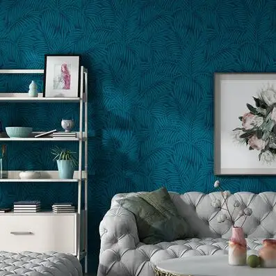 Высококачественные рельефные обои для гостиной и телевизора, европейские зеленые 3D трехмерные обои для спальни с пальмовыми листьями - Цвет: Blue
