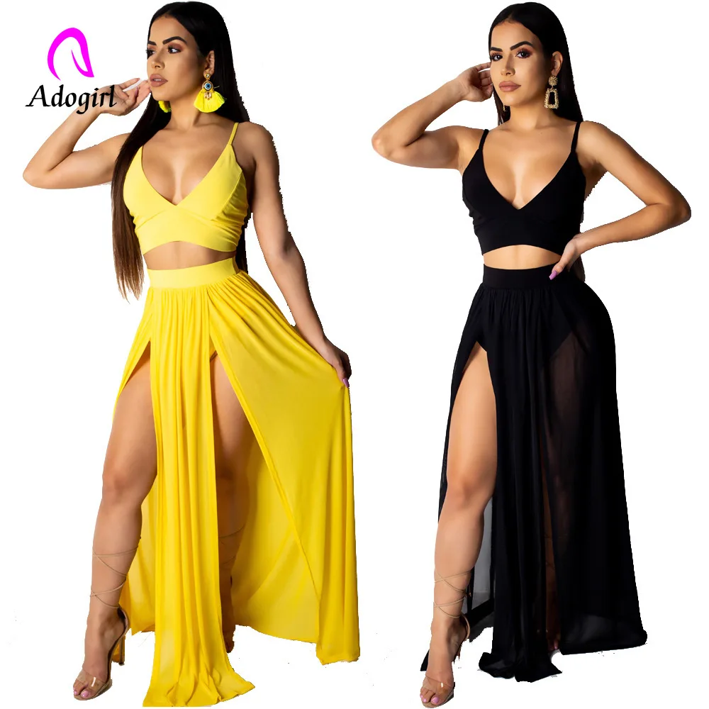 

Chffion Women Off Shoulder Crop Top + Split Long Skirt 2 Piece Set for Female Women V-neck Sleeveless Yellow Women's Beach Suits