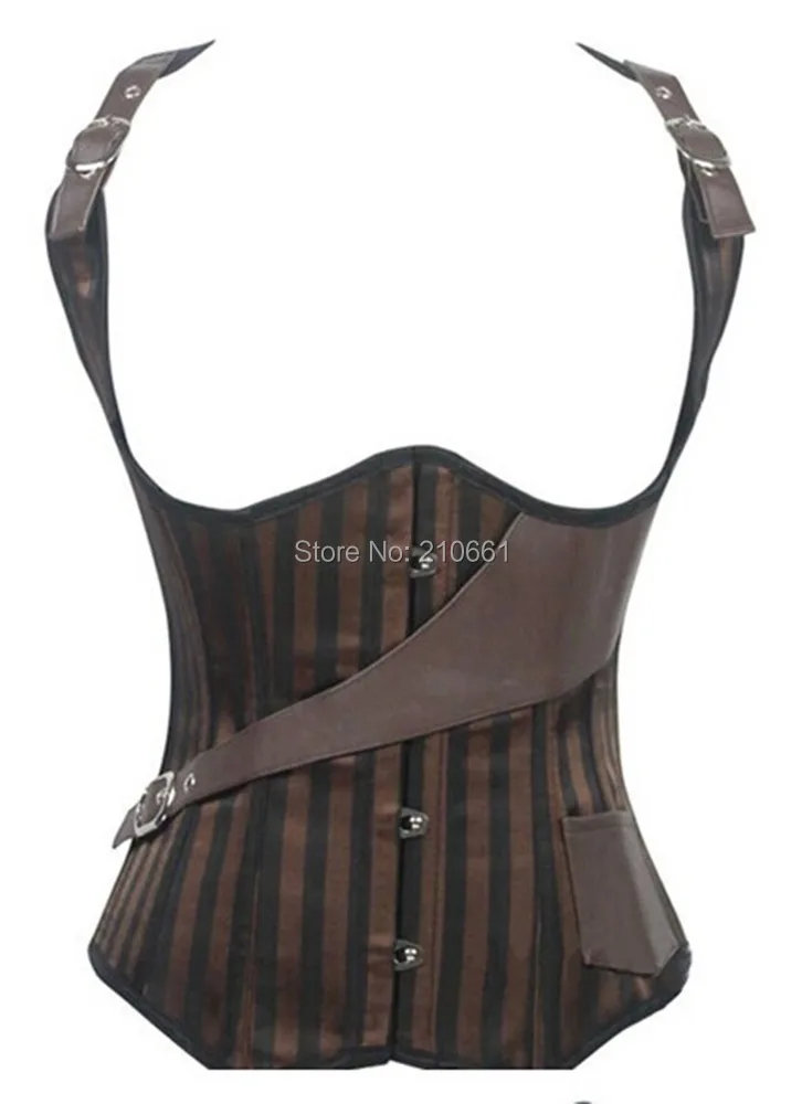 Steel Boned Vest Satin and Leather Corset Bustier Brown Steampunk Corse