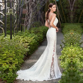 

Elegant Sexy Mermaid Beach Wedding Dress Lace Appliqued Bride Dress Detachable Train Wedding Gown Sleeveless Bride Dress