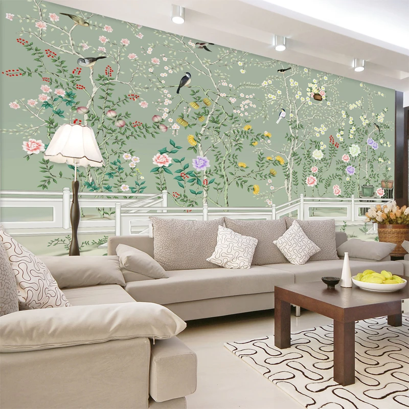 Free shipping Seamless mural of modern Chinese flower and bird YuLan hand-painted wallpaper TV background wall Custom Size