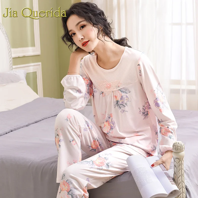 J& Q домашняя одежда для женщин пижамный комплект Весенняя Хлопковая пижама с цветочным рисунком размера плюс женская модная одежда для дома женская пижама
